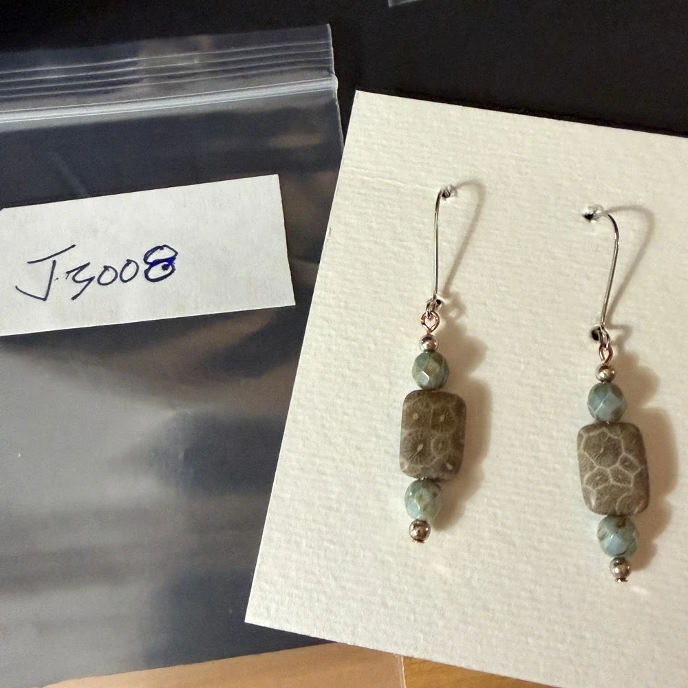 Coral Fossil and Glass Drop‎ Earrings Sage Green Handcrafted by Stephanie Aune